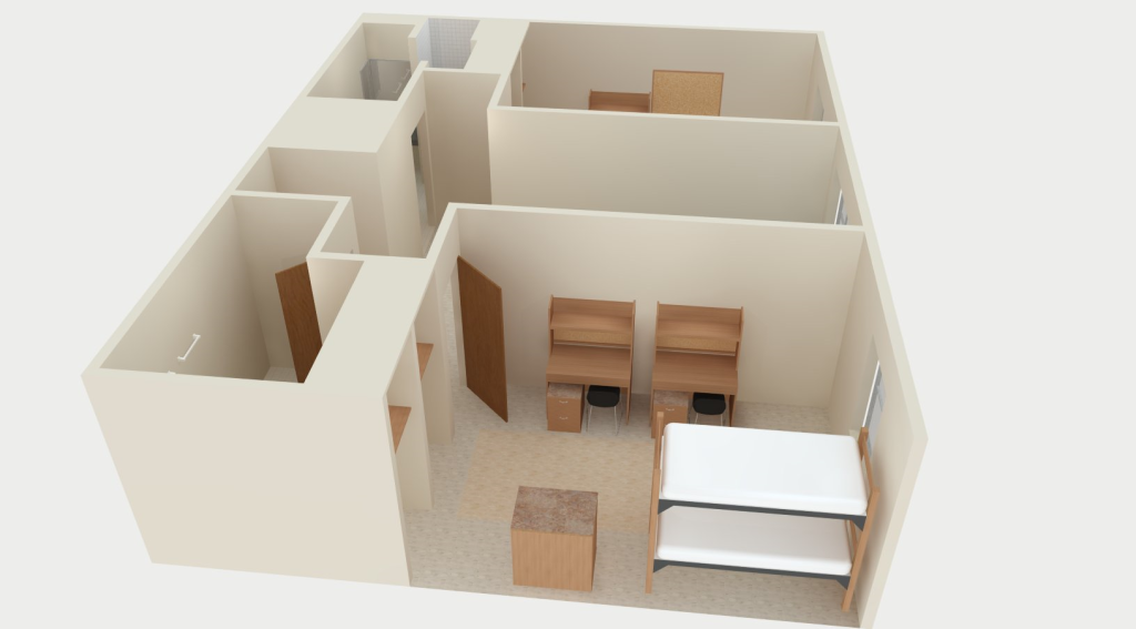 Center hall double room rendering with living room