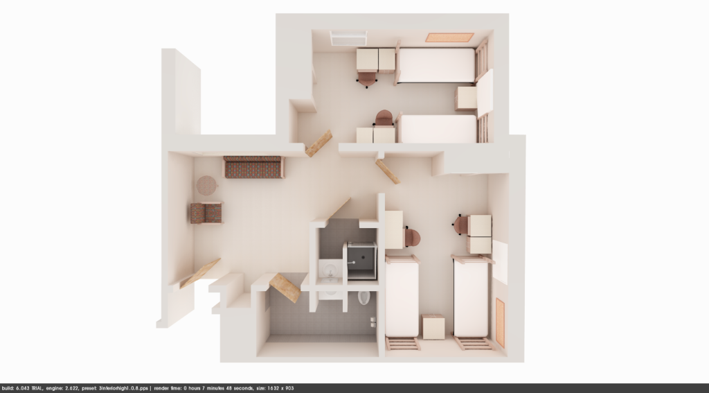 Double suite with living room render.